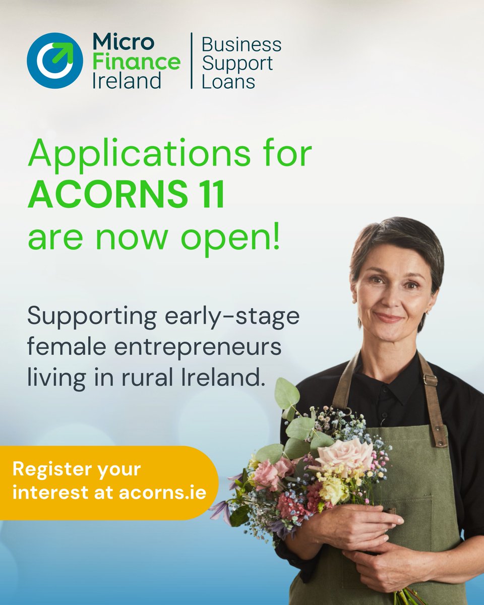 🌱 Applications for ACORNS 11 are NOW OPEN!

Are you a female entrepreneur living in rural Ireland with an early-stage business? The ACORNS programme is designed just for you!
 
👉 Register your interest now: acorns.ie
🗓 Application deadline: Monday, 22nd September