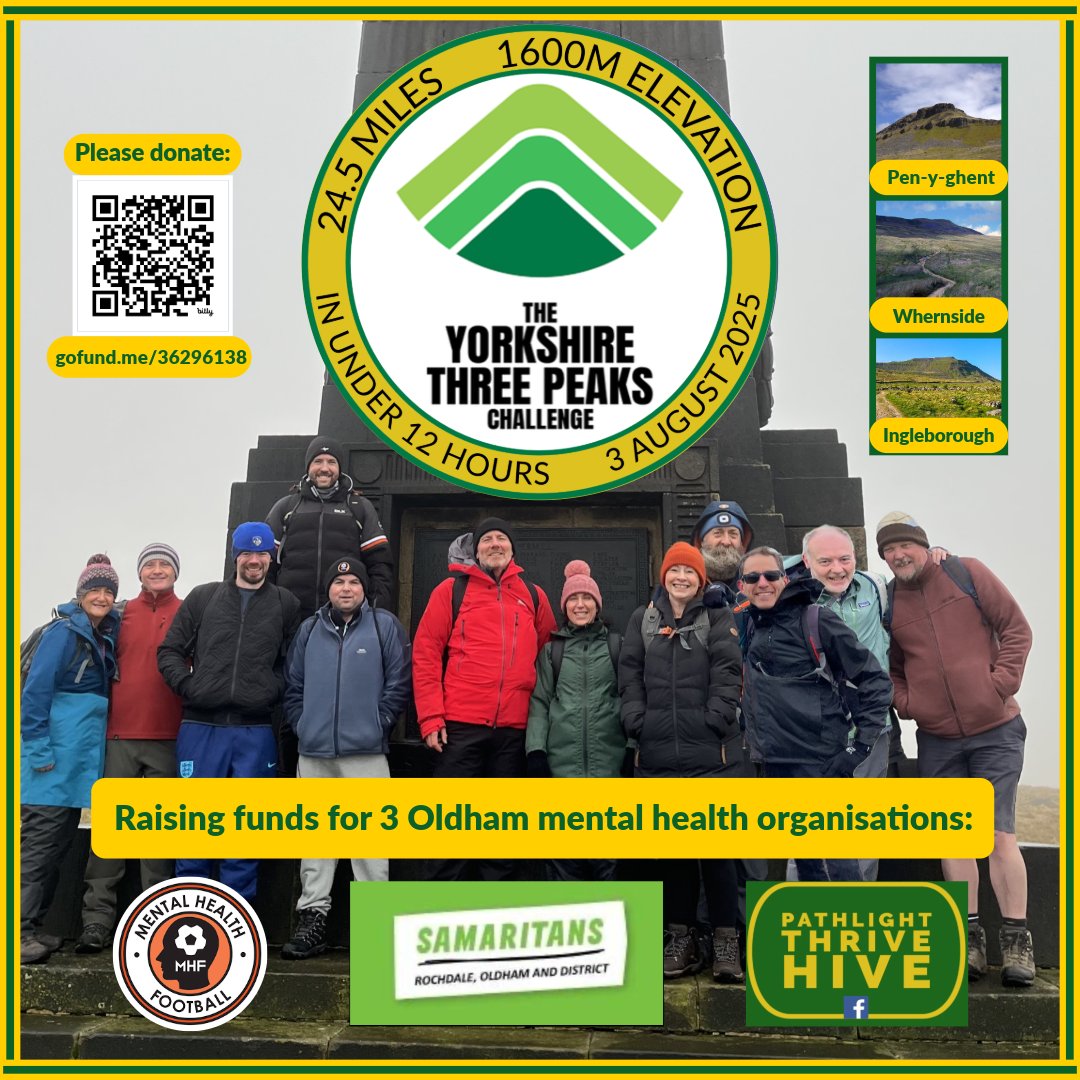 Pathlight Ltd (@pathlightltd) on Twitter photo On Sunday we take on the Yorkshire 3 Peaks Challenge. Raising funds for 3 Oldham mental health organisations: <a href="/MHF_Oldham/">Mental Health Football</a>, <a href="/roch_samaritans/">Rochdale Samaritans</a> & Pathlight Thrive Hive.
Please help us reach our £3000 fundraising target:
gofund.me/36296138
#fundraiser #mentalhealth #oldhamhour On Sunday we take on the Yorkshire 3 Peaks Challenge. Raising funds for 3 Oldham mental health organisations: <a href="/MHF_Oldham/">Mental Health Football</a>, <a href="/roch_samaritans/">Rochdale Samaritans</a> & Pathlight Thrive Hive.
Please help us reach our £3000 fundraising target:
gofund.me/36296138
#fundraiser #mentalhealth #oldhamhour