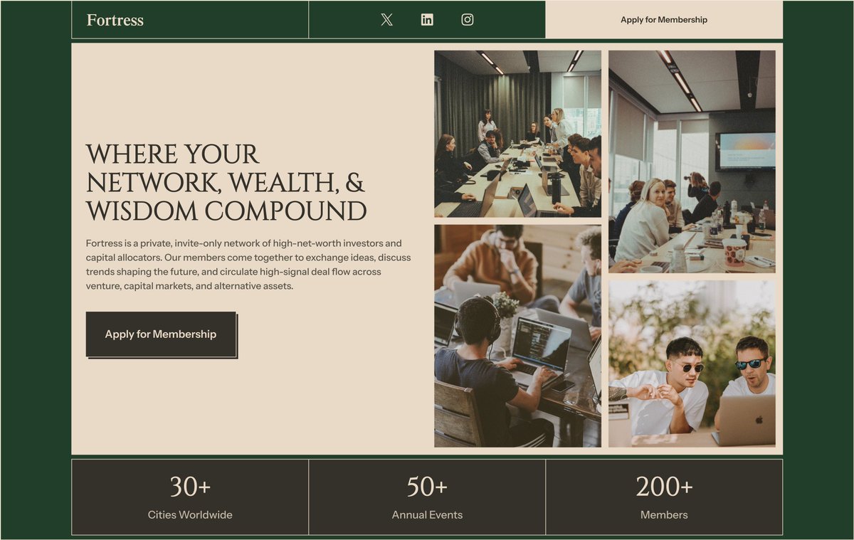 Hero Section redesign for a private community

Before:

• No brand
• No images
• No social proof

After:

• Premium brand
• Images of members
• Specific numbers: 30+ cities, 200+ members
• Clear CTAs + social proof

Your landing page should make people think "I need to be