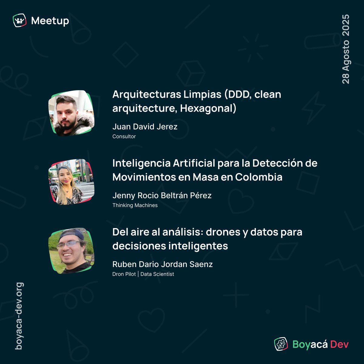 boyaca_dev's tweet photo. ¡Llega la tercera edición de Boyacá Dev Meetup 2025! 🚀
Un evento pensado para aprender, conectar y crecer juntos en comunidad — totalmente gratuito 💡

🗓 28 de agosto de 2025
📍 UPTC Sogamoso, Aula por definir

¡Asegura tu cupo y regístrate aquí! 👇
https://t.co/soj3THfvJg
. https://t.co/rOP51mXQpm