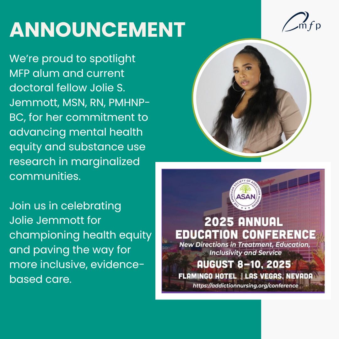 Join us in celebrating MFP alum and current doctoral fellow Jolie S. Jemmott, for her dedication to advancing mental health equity and substance use research in marginalized communities.

#MFPAlum #MentalHealthEquity #NurseScientist #HealthEquity #FutureLeader