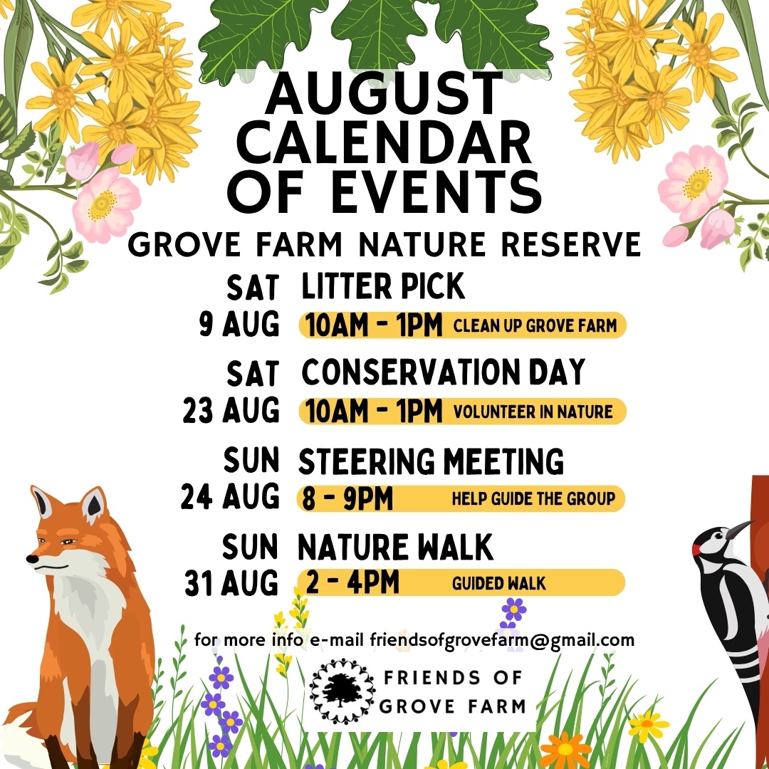 Join us this August for an adventure with Friends of Grove Farm! Whether it's an activity day 🛠️ or a litter pick we’d love to see you at Grove Farm nature reserve! Link in Bio for our contact details.

#naturelover #conservation #friendsofgrovefarm