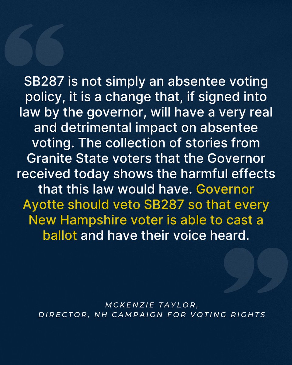 SB287 could cost military voters, seniors, veterans, disabled voters, and other Granite Staters their right to vote. Governor Ayotte, <a href="/KellyAyotte/">Governor Kelly Ayotte</a>, must veto this bill and protect the right to vote for all Granite Staters!
#NHPolitics #StopSB287