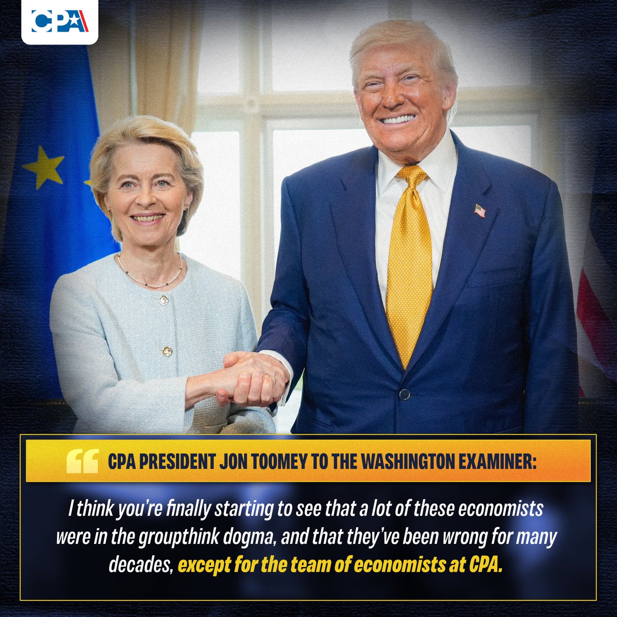 The U.S. is undergoing a readjustment in its approach to tariffs and trade policy, CPA President Jon Toomey tells the @WashExaminer. 

And the evolution has revealed a startling truth: Most of America's economists have been dead wrong on <a href="/POTUS/">President Donald J. Trump</a>' policies.

tinyurl.com/yj86dfpf