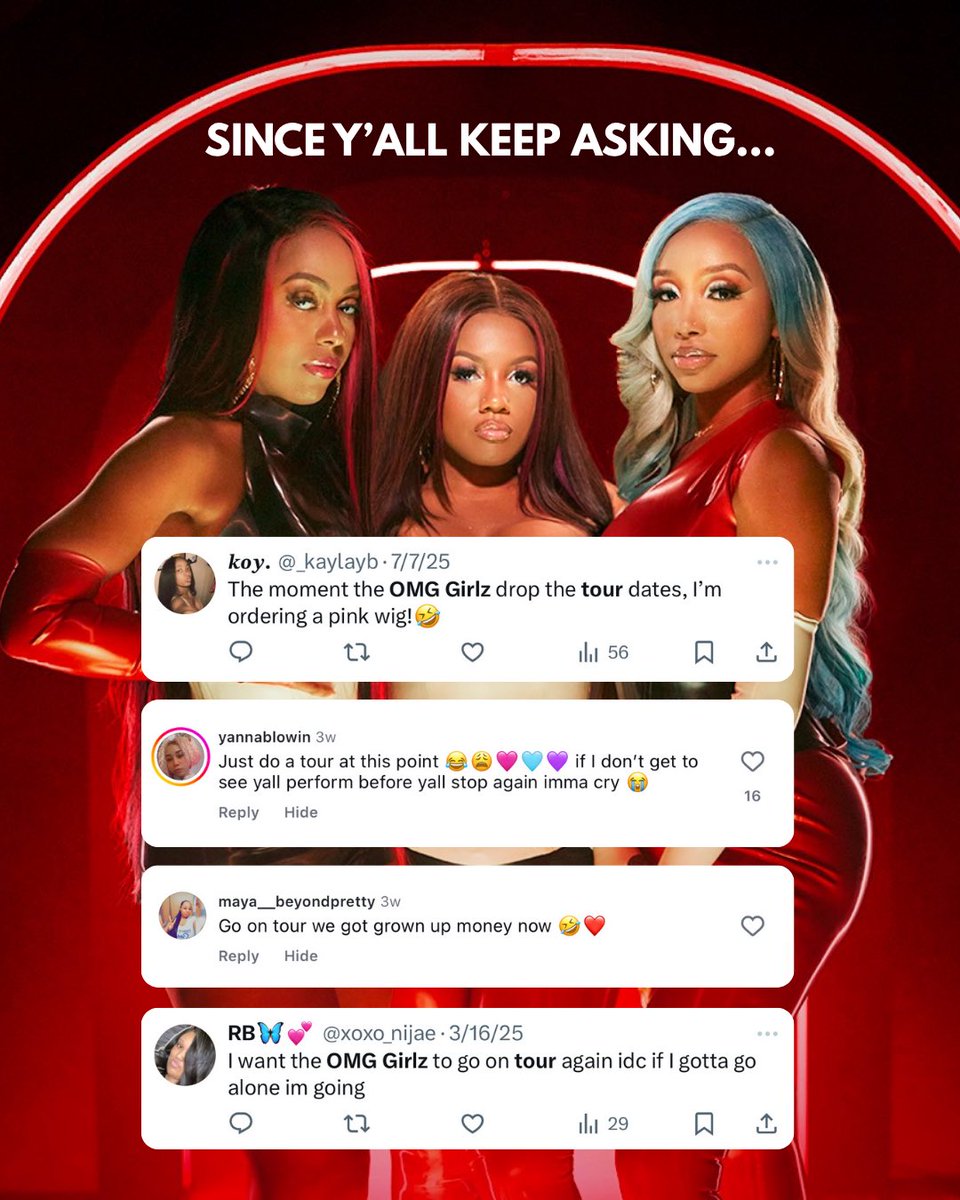 TheRealOMGGirlz's tweet photo. y’all said pink wigs, grown-up money, and “i’ll go alone if i have to” 😭

so we heard you.
 
@bahjarodriguez @zonnique @babydoll_omg are going on tour.
 
🔥 ATLANTA – Aug 30
🗽 NYC – Sept 3
🏛️ DC – Sept 10
🤠 DALLAS – Sept 12
 
🎟️ tickets → https://t.co/E8koX7EsHH
 
#OMGGirlz https://t.co/wcI4j60Q20