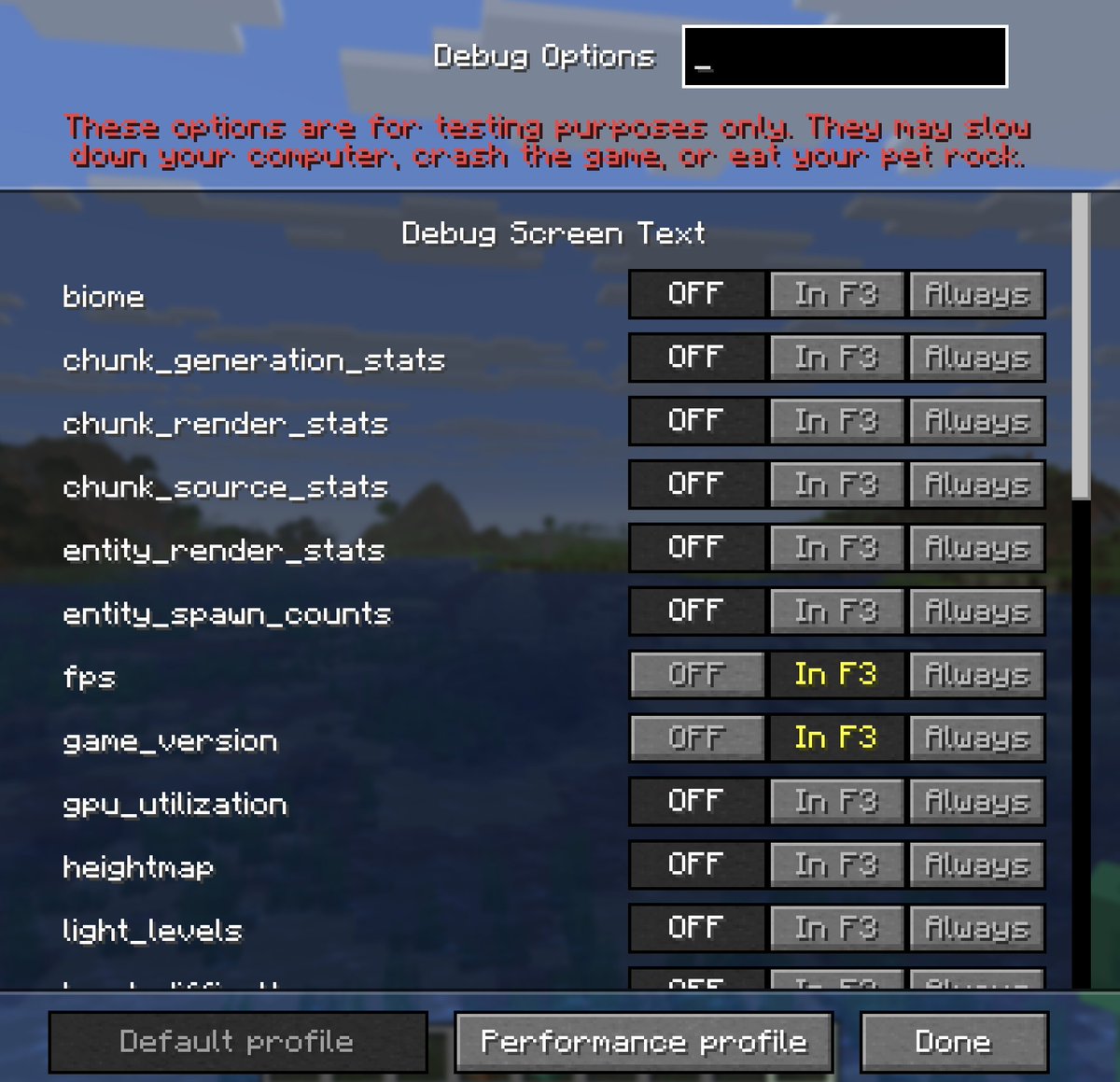 silentwisperer_'s tweet image. BIG CHANGES to the  f3/debug screen on java! By default its now less cluttered and more readable. But if you press f3 &amp;amp; f5, you can TOGGLE what you want to show!! Including having some info ALWAYS ON SCREEN!

PLEASE PBRING THIS TO BEDROCK

pics: new, old, new menu, info always on