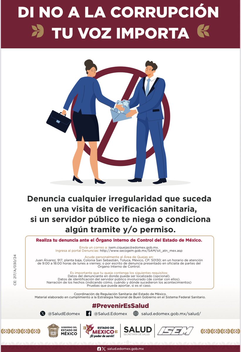 Secretaría de Salud del Estado de México (@saludedomex) on Twitter photo Di no a la corrupción ¡Tu voz importa!
Para hacer una denuncia, envía un correo electrónico a:
denuncia.regulacionsanitaria@edomex.gob.mx
Comunicate de lunes a viernes, de 9:00 a 17:00 horas, o llama al ☎️ 722 213 70 00.
#RegulaciónSanitaria Di no a la corrupción ¡Tu voz importa!
Para hacer una denuncia, envía un correo electrónico a:
denuncia.regulacionsanitaria@edomex.gob.mx
Comunicate de lunes a viernes, de 9:00 a 17:00 horas, o llama al ☎️ 722 213 70 00.
#RegulaciónSanitaria
