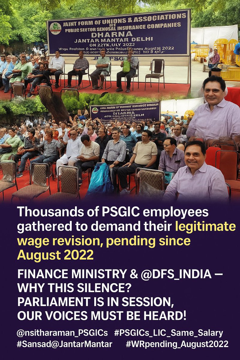 Thousands of PSGIC employees gathered to demand their legitimate wage revision, pending since August 2022.
<a href="/FinMinIndia/">Ministry of Finance</a>&amp; <a href="/DFS_India/">DFS</a> — why this silence?#PSGICs_LIC_Same_Salary
#WRpending_August2022
#Sansad@JantarMantar
Revision_Pending_Aug2022
#Employees@JantarMantar
