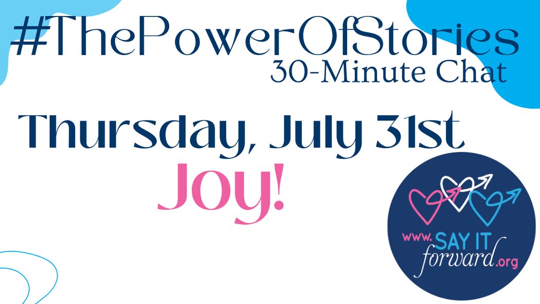 Yes! Our biweekly #ThePowerOfStories💜chats continue and everyone is welcome!

If you have a few minutes Thursday, we hope YOU will join us to spark a little JOY!

11am EDT; 10am CDT; 8am PDT; 3pm UCT/GMT/WET; 4pm WAT/CET; 5pm CAT/CEST/SAST; 6pm EAT; 8:30pm IST