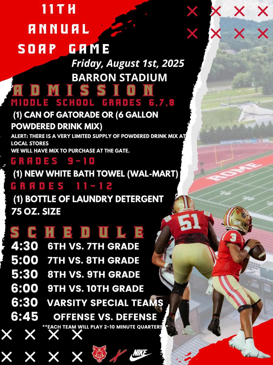 11th Annual SOAP GAME ‼️ Come out and support our Rome Wolves 🐺🏈 This Friday ( August 1st 2025 ) @ Barron Stadium ......