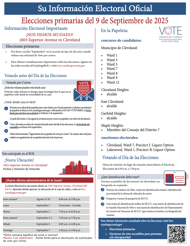 Echa un vistazo a la Guía de Información al Votante para las Elecciones Primarias del 9 de septiembre de 2025. Llegará a los buzones esta semana. La guía listará su precinto actual y su lugar de votación. 

Para obtener más información, visite boe.cuyahogacounty.gov.
