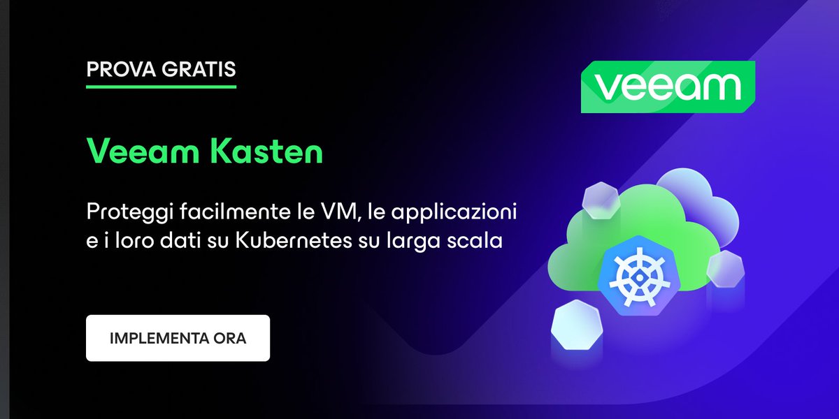 Prova gratis Veeam Kasten e ottieni resilienza per i tuoi dati #Kubernetes!
✅ Ripristina ovunque, in qualsiasi momento
✅ Supera errori e interruzioni
✅ Proteggiti da minacce informatiche
👉 Inizia subito la tua prova gratuita: bit.ly/458X6Q5