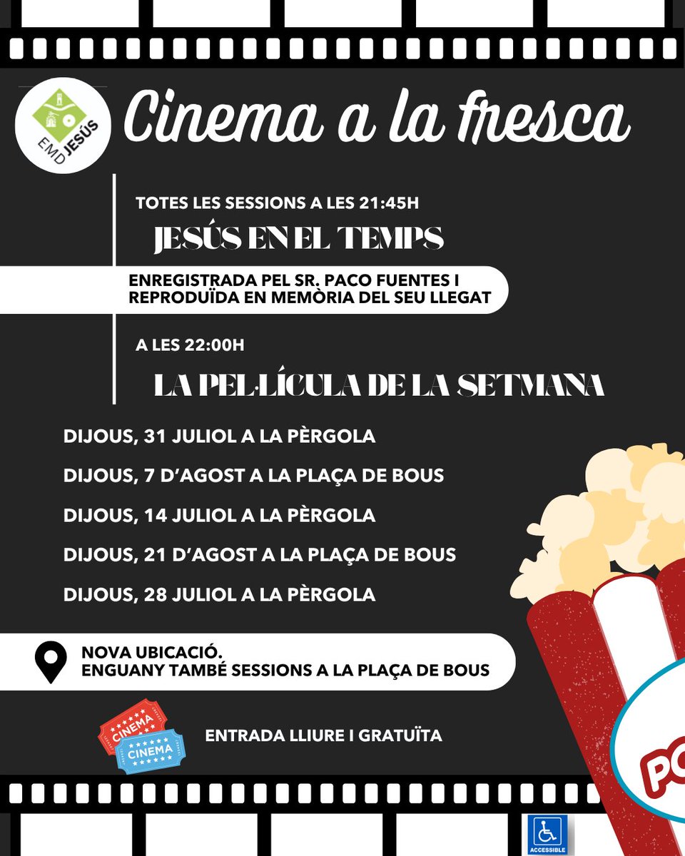 🎬 Torna el cine a la fresca… o almenys a l’aire lliure!
Cada dijous, durant 5 setmanes, compartim nits de pel·lis sota les estrelles ✨
📽️ Abans de cada sessió, viatge al passat amb “Jesús en el temps” i un record especial al Sr. Paco Fuentes
🎟️ Sessions gratuïtes!
#somdeJesús