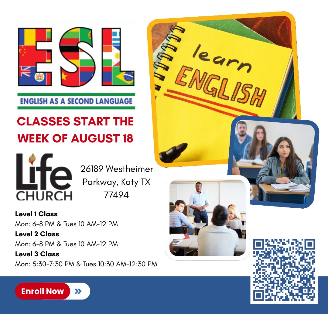 🌟 Ready to Level Up Your English? 🌟
Join our FREE ESL Classes at Life Church in Katy, TX — where learning is fun, friendly, and for everyone! 🎉

📲 Sign up now: forms.gle/r6Z6fw8XkSA96q…

 #KatyTX #ESLClasses #LearnEnglish #LifeChurch