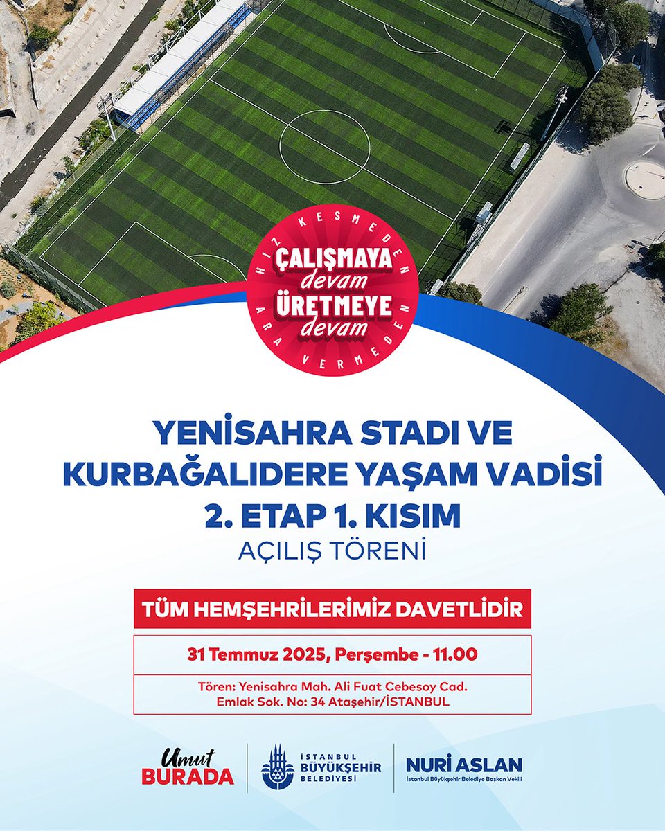 Çalışmaya, üretmeye devam ediyoruz. 

Ekrem Başkanımızın vizyonuyla, halkçı belediyecilik anlayışımızla İstanbul’umuza nefes aldıracak yeşil alanlar kazandırıyoruz. 

Kurbağalıdere Yaşam Vadisi 2. Etap 1. Kısım ve yenilediğimiz Yenisahra Stadı’nın açılış törenine tüm