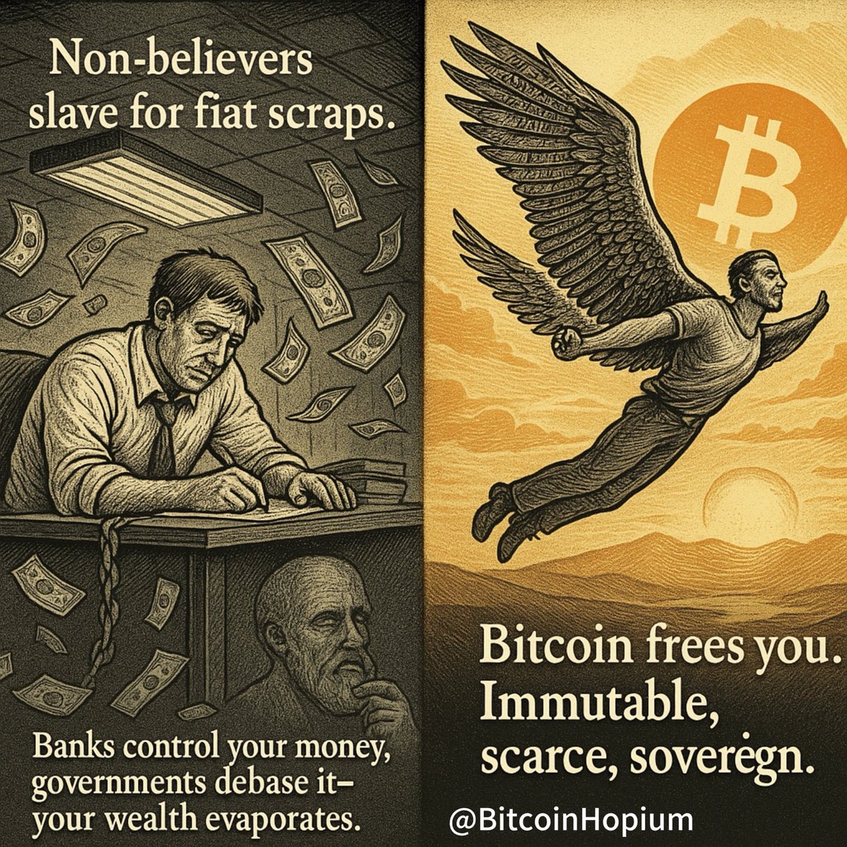 BitcoinHopium's tweet image. Laugh at the fiat fools sweating over interest rates while #Bitcoin maxis sleep easy on hard money. 

Persuasion: #Bitcoin's fixed supply crushes endless printing presses. 

Value: True financial freedom. #BitcoinOnly