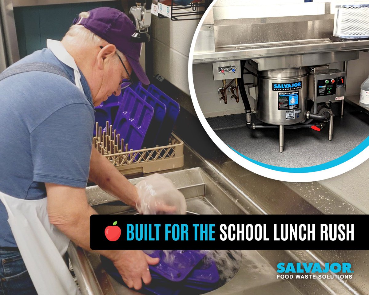 salvajorco's tweet photo. School cafeterias serve hundredsโsometimes thousandsโof meals a day. Salvajor Disposer & Collector Systems are built to keep up, cutting waste, saving water, and keeping dishrooms moving fast.
Keep your kitchen #SalvajorStrong.
#SchoolLunch #FoodwasteSolutions #K12Foodservice https://t.co/dIOfOb2q4A