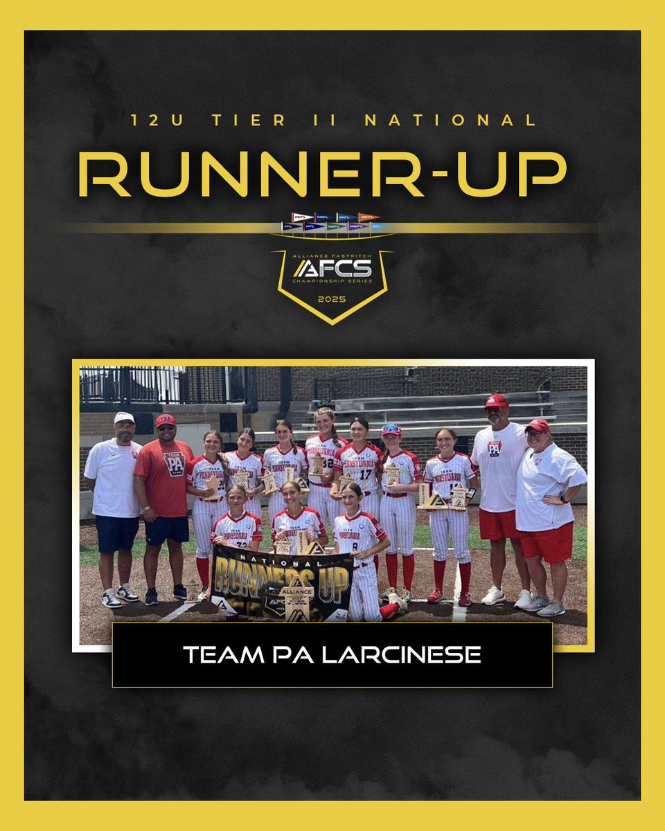 thealliancefp's tweet photo. Congratulations to AFCS 12U Tier II National Runner Up - Team Pennsylvania Larcinese

#AFCS #RunnerUp #AllianceFastpitch https://t.co/wJDjNjKLsR