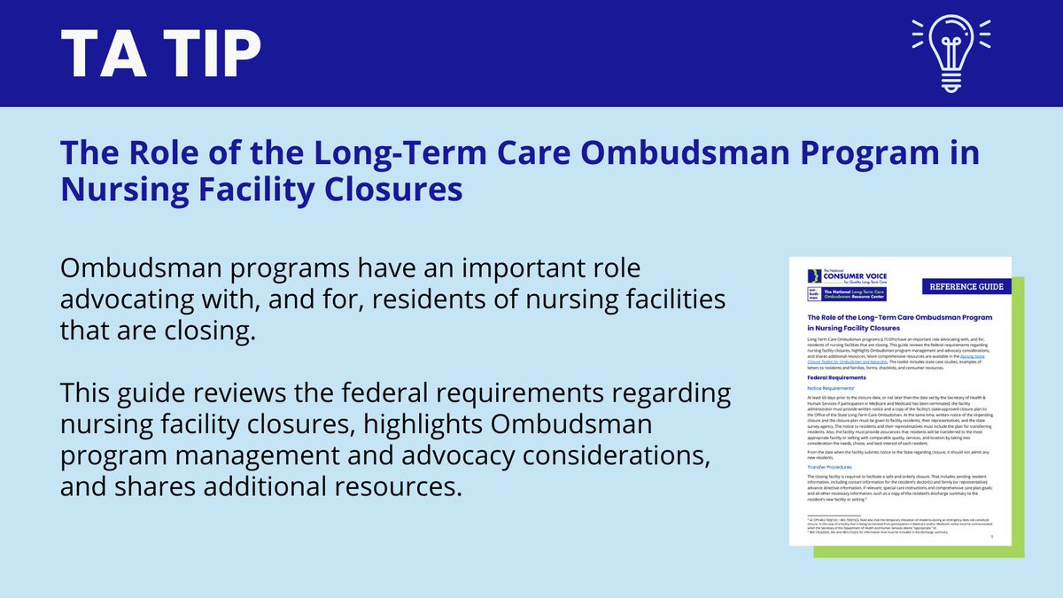 Ombudsman programs have an important role advocating with, and for, residents of nursing facilities that are closing. This guide reviews the federal requirements, highlights Ombudsman program management and advocacy considerations, and shares resources. bit.ly/3H6r1QZ