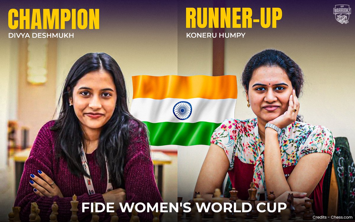 UPWarriorz's tweet image. The Queens who checkmated the world — for the country, for the crown 👑
Divya Deshmukh becomes the youngest ever to win the FIDE Women’s World Cup 🔥
#UPWarriorz #FIDEWorldCup