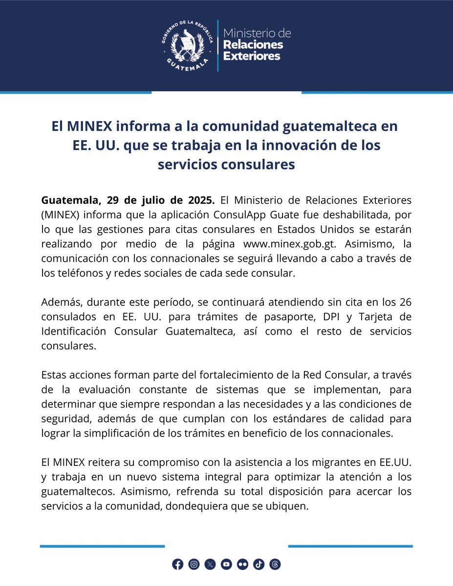 El MINEX informa a la comunidad guatemalteca en EE. UU. que se trabaja en la innovación de los servicios consulares.

#Comunicado 🔗 prensa.gob.gt/comunicado/el-…
