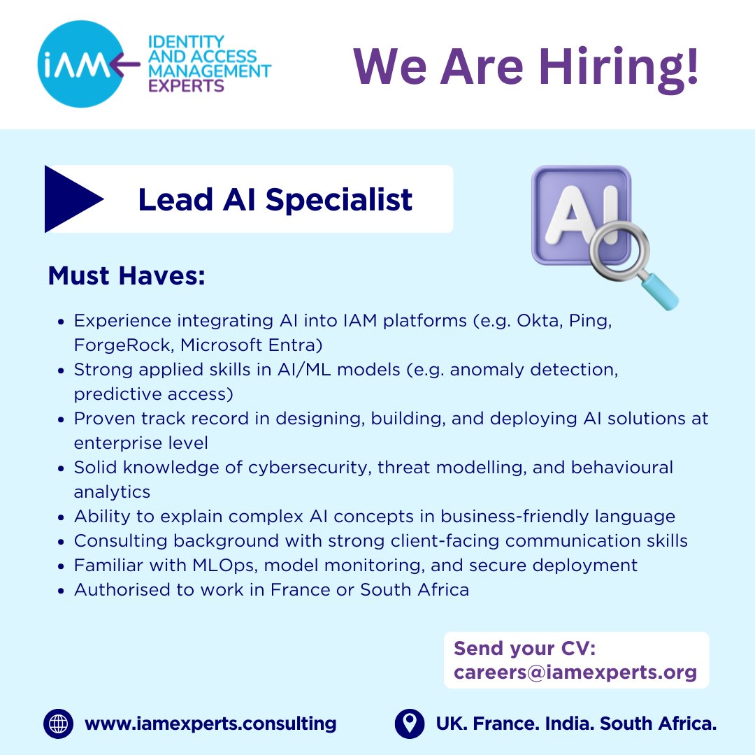 IAMExpertsLtd's tweet image. 📢 We&apos;re hiring: Lead AI Specialist based in France or South Africa to shape and deliver AI-driven solutions within our Identity &amp;amp; Access Management (IAM) services.👉 Read the full job description on our website via the link in the first comment below. 👇
#careers #IAMExperts…