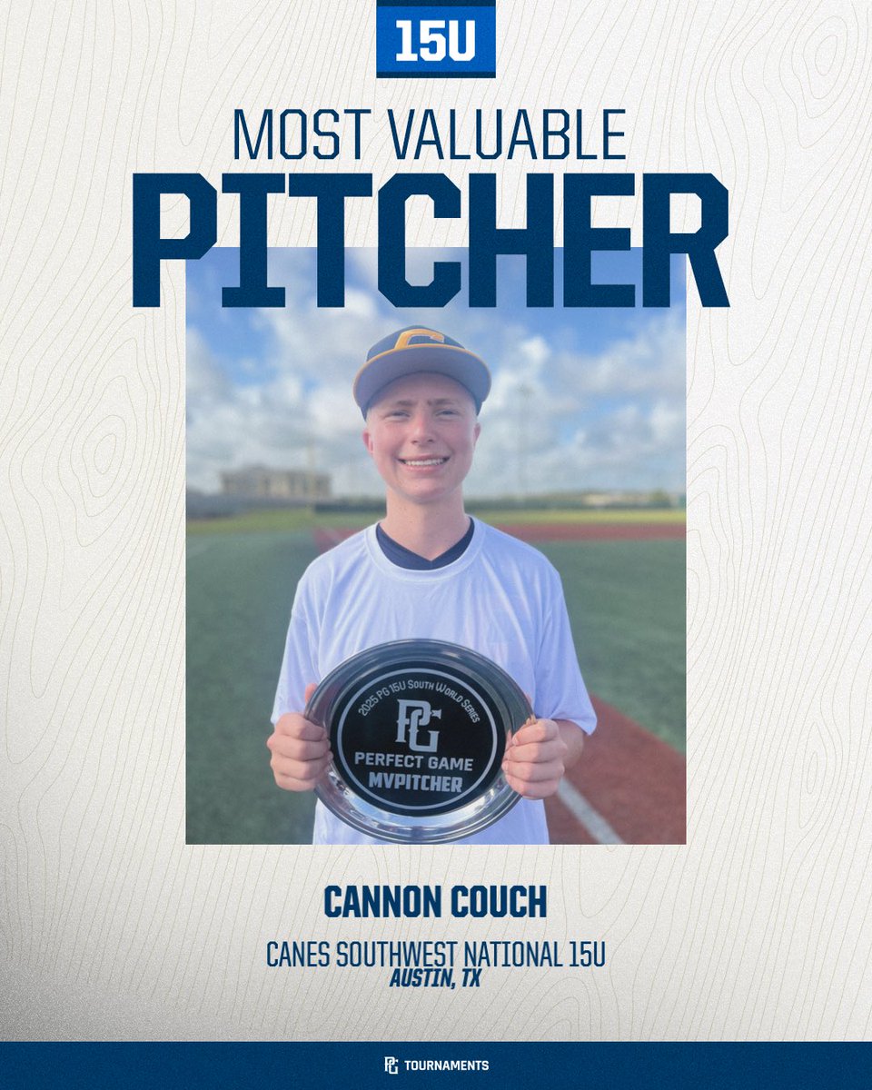 2025 PG 15U South World Series 🏆
🥇 Champion: Canes Southwest National 15U
🥈 Finalist: HP 2028 Bubb
🏅 MVP: Luca Golden
🏅 MVPitcher: Cannon Couch