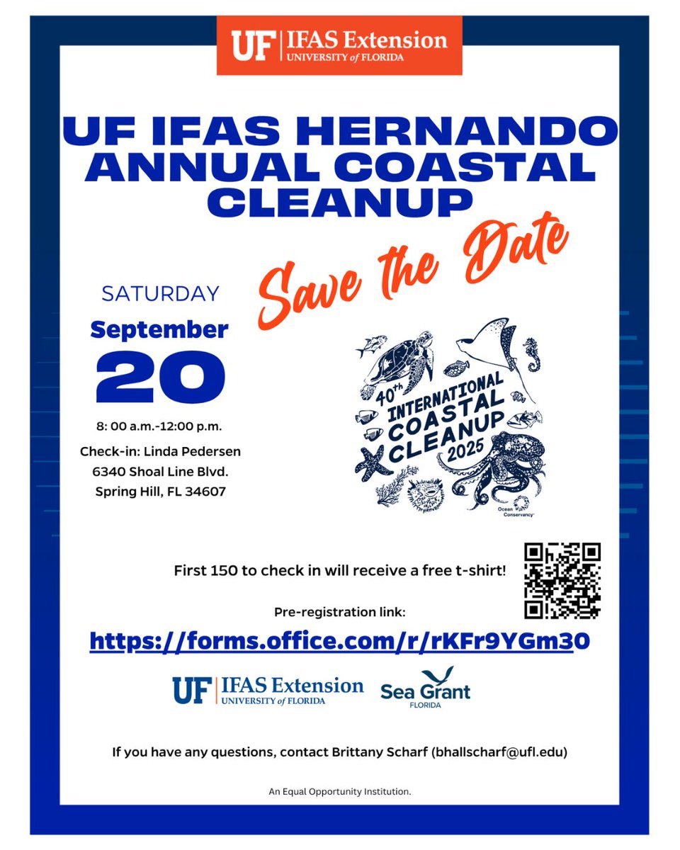 WRECCoop's tweet image. 🌊 WREC is proud to support the UF IFAS Hernando Coastal Cleanup on Sept 20! Our team is volunteering to show our #ConcernForCommunity
📍 Linda Pedersen Park
🕗 8AM–12PM
🎽 First 150 get a free shirt!
👉 Sign up: forms.office.com/r/rKFr9YGm30
#WRECVolunteers #CoastalCleanup #wreccoop