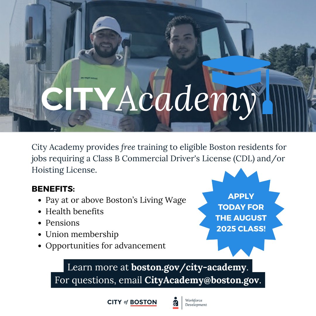 Interested in getting a Commercial Driver's License? Boston residents can get free training with City Academy! Class begins in August. Apply today at boston.gov/city-academy