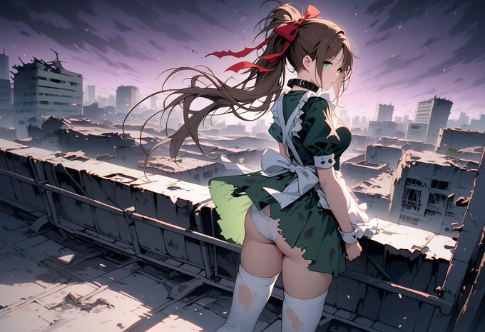 #まいちゃんの日常 キメ顔で世界を崩壊させた絵をリクしたのにAIはやはりどうしても彼女にパンチラさせたいらしい(;゜ω゜)