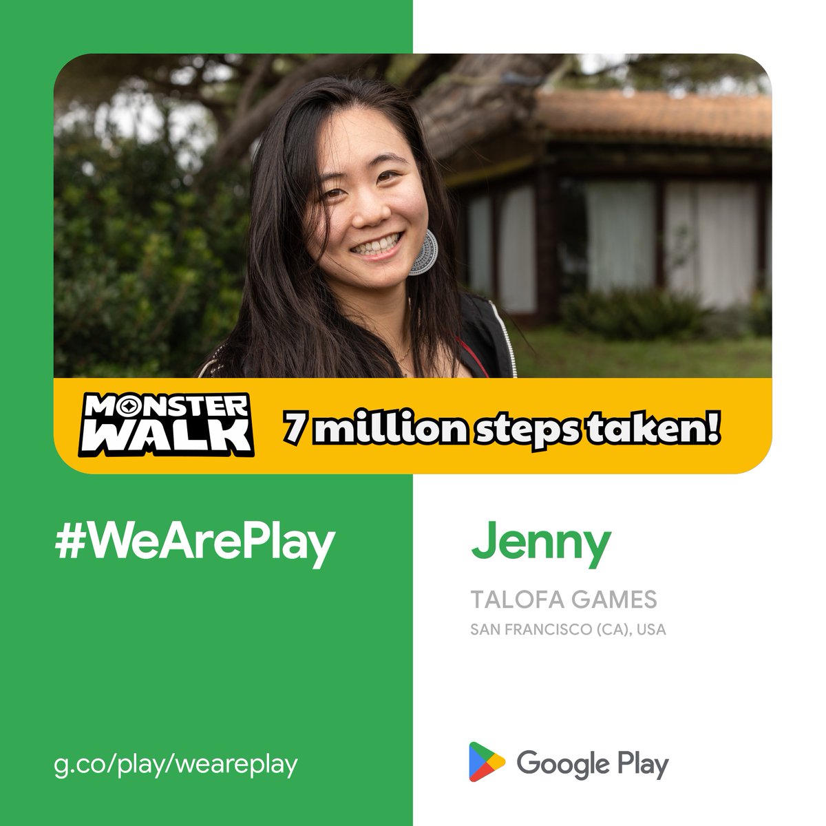 Proud to see <a href="/TalofaGames/">Talofa Games</a> featured by <a href="/GooglePlay/">Google Play</a> in their #WeArePlay global campaign for developers making a positive impact!

Over 7 million steps have been taken in the <a href="/PlayMonsterWalk/">Monster Walk (Talofa Games) in Closed Beta 📱</a>, already 7x more than last week!