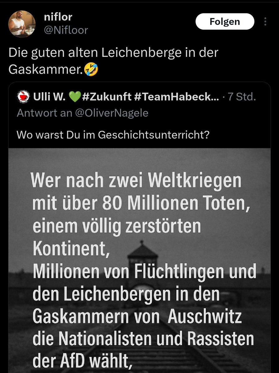 Findet da jemand den Holocaust lustig?
Anders kann ich mir diesen Kommentar nicht erklären