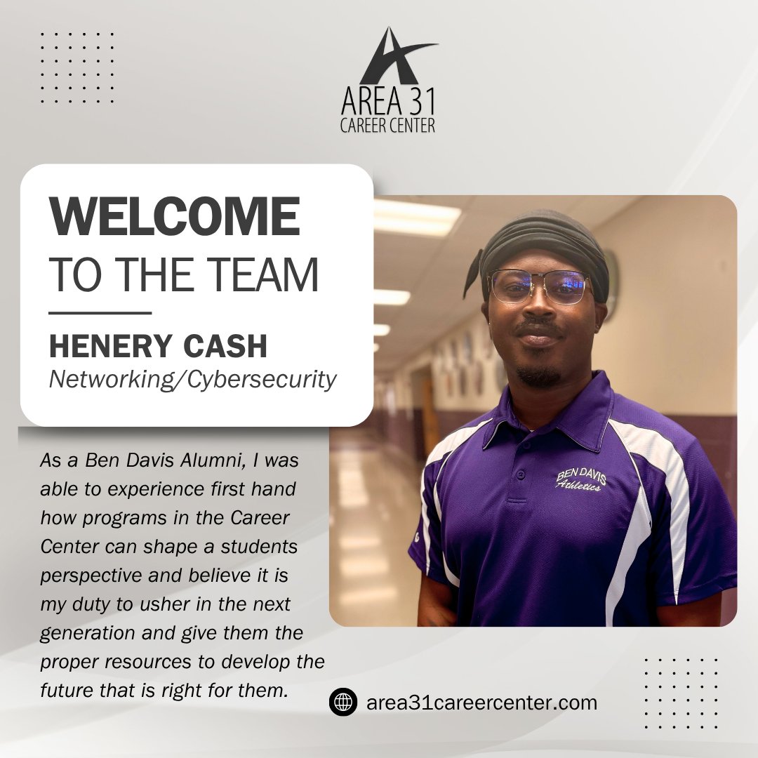 Area 31 Career Center (@a31careercenter) on Twitter photo Area 31 is proud to welcome Henery Cash as the Networking & Cybersecurity Instructor at our Main Campus! Henery is a <a href="/BenDavisAlumni/">Ben Davis Alumni</a>, a graduate of <a href="/IUBloomington/">IU Bloomington</a> in Cybersecurity & Global Policies, and served our country for 5 years. Excited for him to join Team #EarlyCollege! Area 31 is proud to welcome Henery Cash as the Networking & Cybersecurity Instructor at our Main Campus! Henery is a <a href="/BenDavisAlumni/">Ben Davis Alumni</a>, a graduate of <a href="/IUBloomington/">IU Bloomington</a> in Cybersecurity & Global Policies, and served our country for 5 years. Excited for him to join Team #EarlyCollege!
