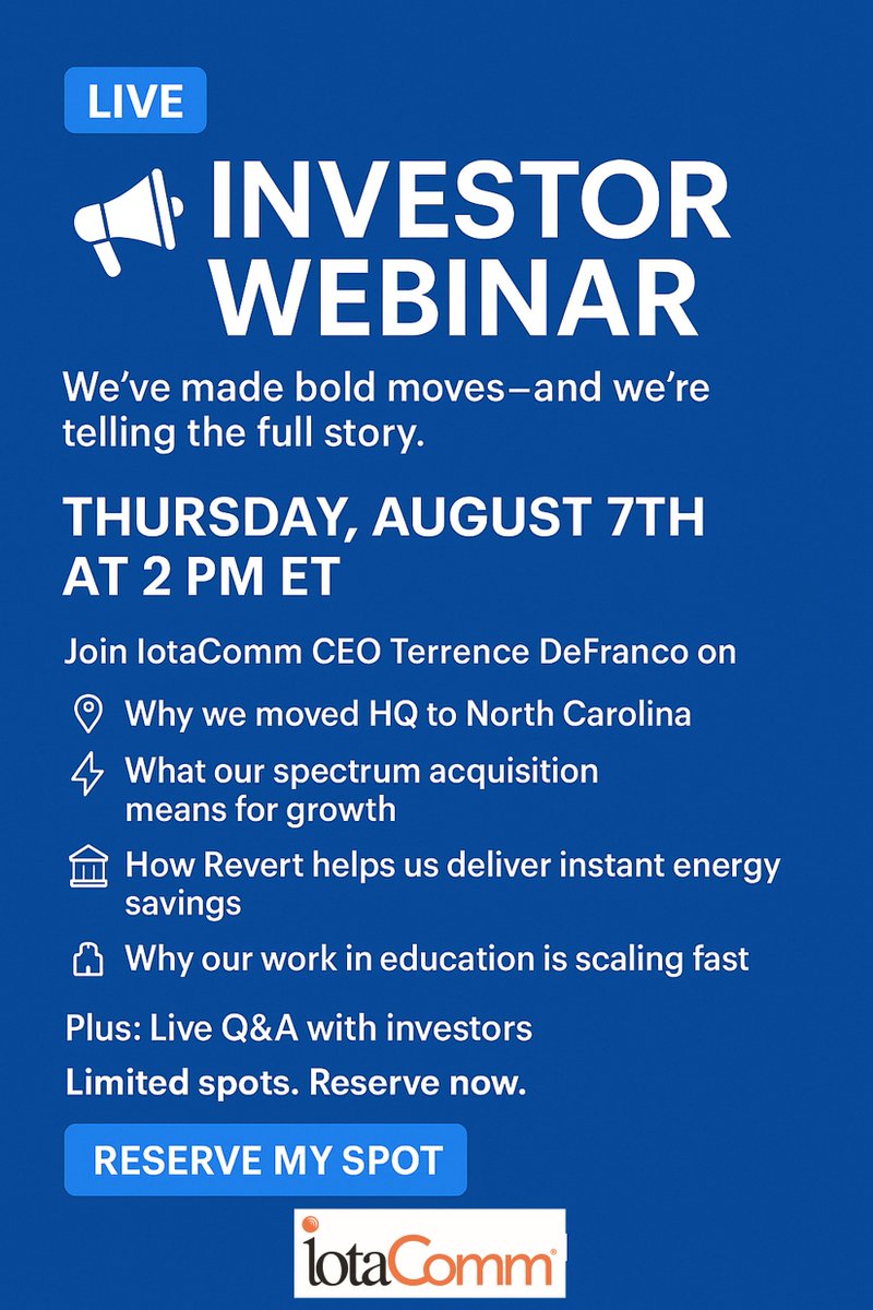 IotaComm (@iotacomm) on Twitter photo 🚨 LIVE Investor Webinar
Big updates. Bold moves.
Hear it all from IotaComm CEO <a href="/tmdefranco/">Terrence DeFranco</a>:
📍 HQ move to NC
📡 Spectrum acquisition
⚡ Revert energy partnership
🏫 Healthy Green Schools
📅 Aug 7 | 2PM ET
🎟 Register and reserve your spot: hubs.la/Q03zjjys0
#IoT 🚨 LIVE Investor Webinar
Big updates. Bold moves.
Hear it all from IotaComm CEO <a href="/tmdefranco/">Terrence DeFranco</a>:
📍 HQ move to NC
📡 Spectrum acquisition
⚡ Revert energy partnership
🏫 Healthy Green Schools
📅 Aug 7 | 2PM ET
🎟 Register and reserve your spot: hubs.la/Q03zjjys0
#IoT
