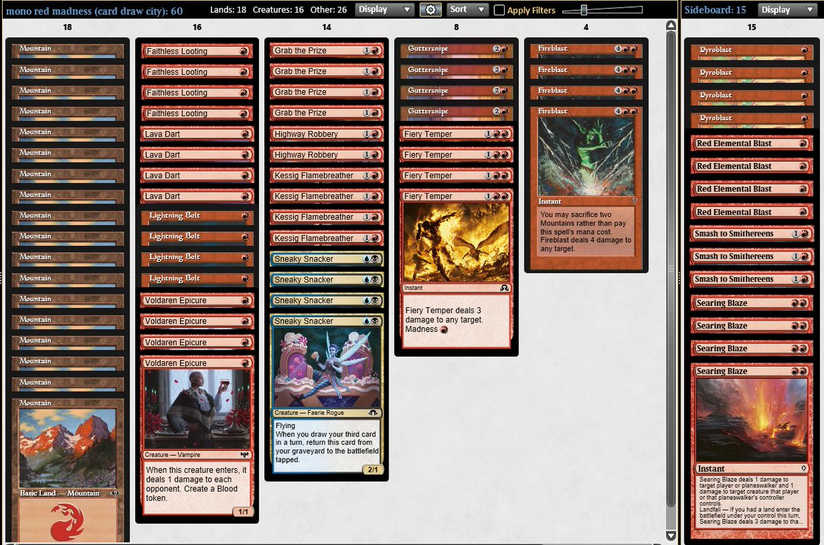 A very VERY large amount of testing on Mono Red Madness brought me back to 74/75 of the first list I tried! I guess I didn't trust myself 

5-0 and along the way beat both wall spy and a finals of 2-1 over RB Madness! I will update patreon with this list for boarding.

#mtgpauper