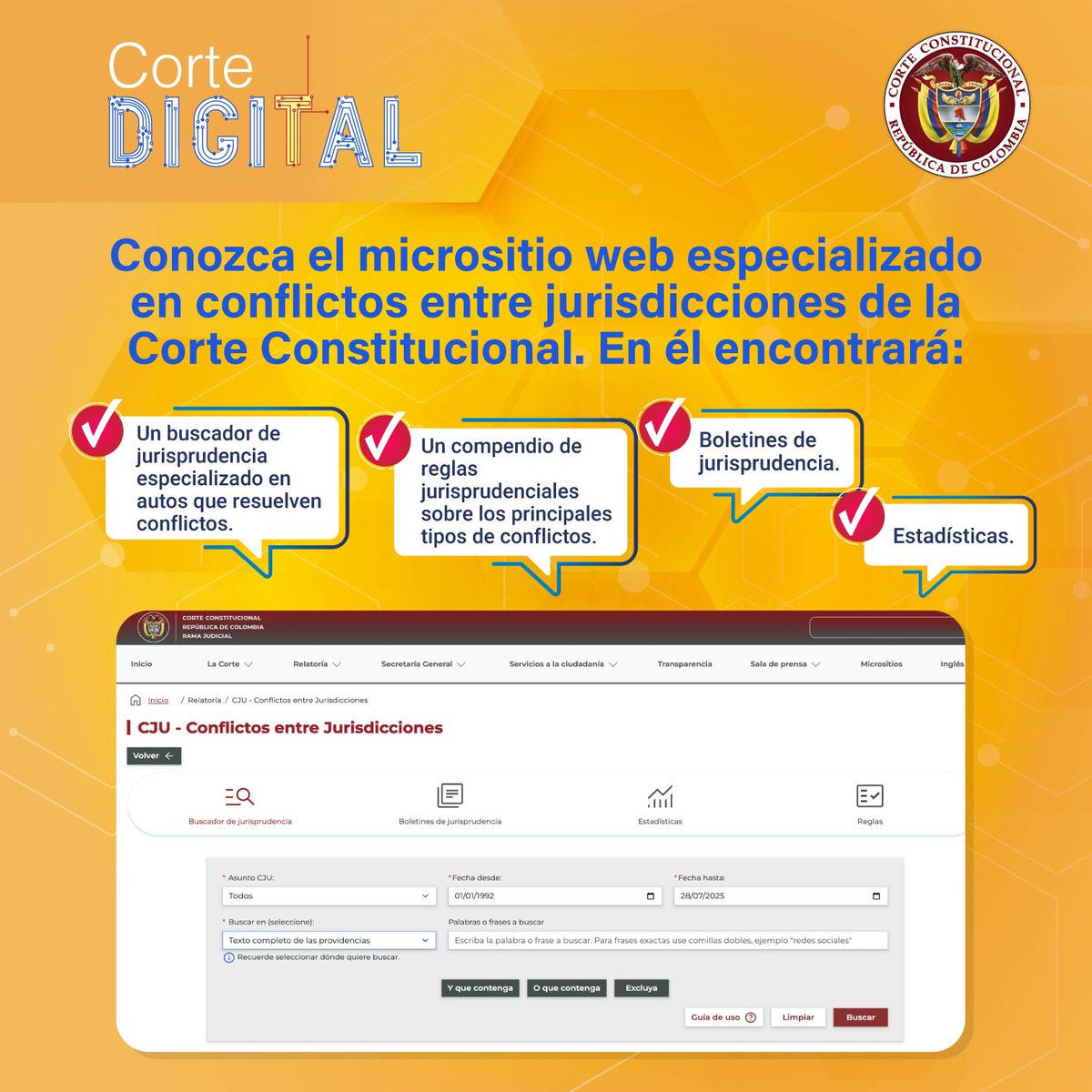 CConstitucional's tweet image. #CorteDigital | ¡Tenemos buenas noticias! Conozca aquí ➡️ corteconstitucional.gov.co/micrositio-cju el micrositio web especializado en conflictos entre jurisdicciones de la Corte Constitucional.