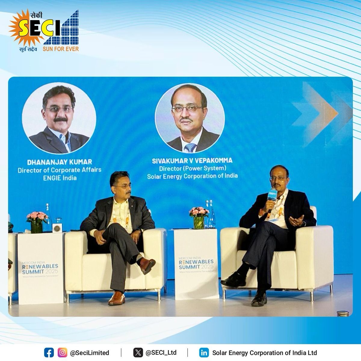 SECI_Ltd's tweet photo. Shri Sivakumar V Vepakomma, Director (PS), represented SECI at MERCOM Renewables Summit 2025, highlighting the evolution of hybrid power, from early wind-solar to advanced RTC &amp; FDRE models powering India’s energy transition.
#SECI #HybridEnergy #RTCPower #FDRE #CleanPower https://t.co/RYEbqbwaH7