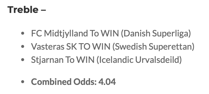Football_TipsFc's tweet image. 💥 Great to land this 4.04 Treble yesterday:

⚽️ Midtjylland 6–2 Sonderjyske
⚽️ Vasteras 3–0 Trelleborg
⚽️ Stjarnan 4–1 Afturelding
📢 Today’s picks - two Singles - are now live at FootballTipsFC.com
#FootballTips #BettingTips #Tipster #WinningTreble #FootyPicks #SmartBets