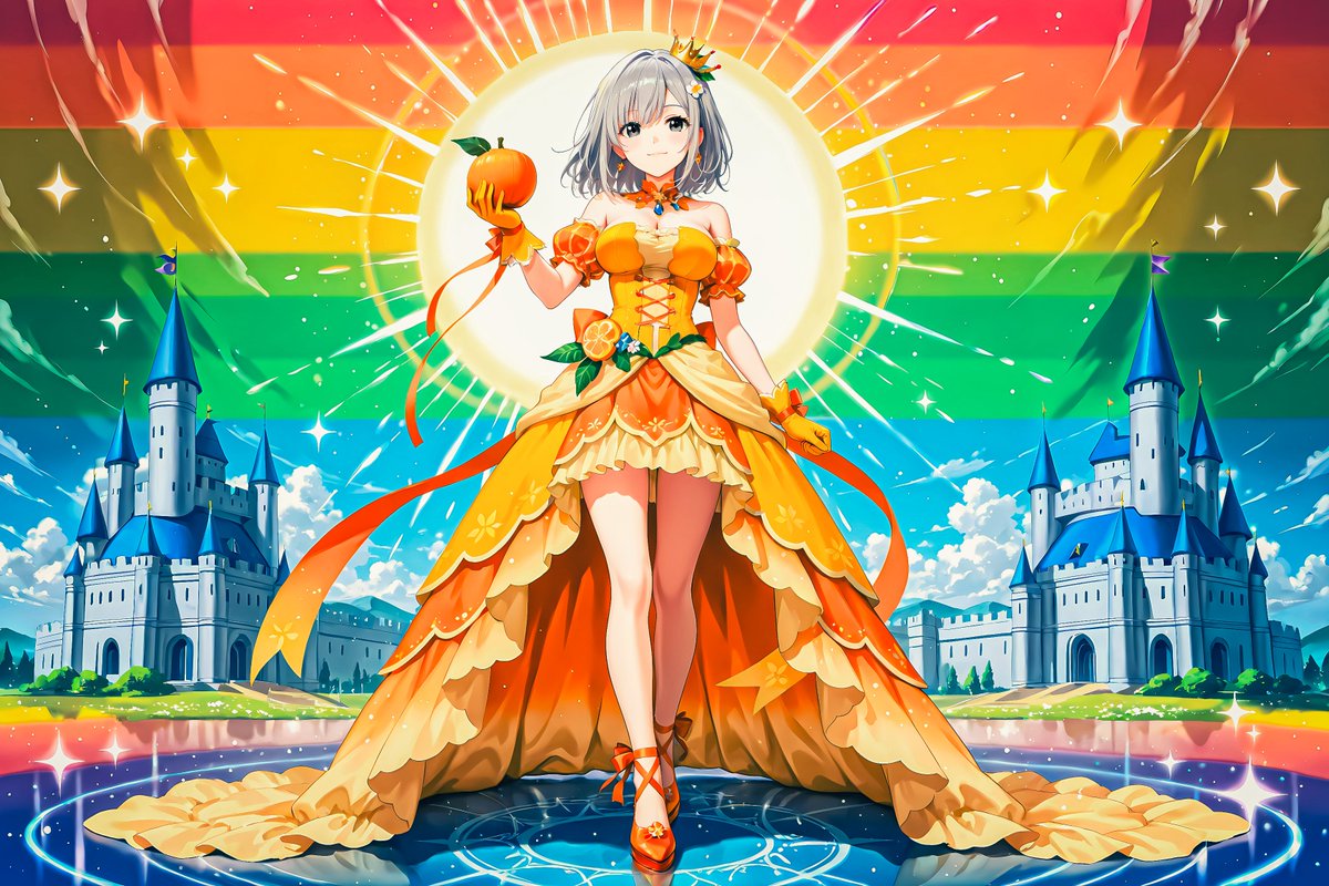 はじめまして。
こちらは私のオリジナルキャラクター、ミリス・ホリアンです。
柑橘のドレスに潜む影と光。
沈黙の血を引き、心はオレンジのように甘く。
手に果実、唇に呪文：
「甘さは、無邪気とは限らないの。」

#AIカラーフルーツパーティ #ミリスホリアン