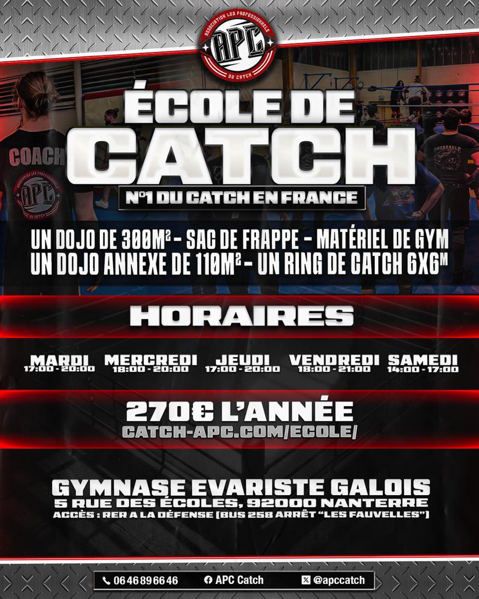 APCcatch's tweet image. 🤼 𝐄́𝐜𝐨𝐥𝐞 𝐝𝐞 𝐂𝐚𝐭𝐜𝐡 𝐀𝐏𝐂 🤼
𝐎𝐔𝐕𝐄𝐑𝐓𝐔𝐑𝐄 𝐃𝐄𝐒 𝐈𝐍𝐒𝐂𝐑𝐈𝐏𝐓𝐈𝐎𝐍𝐒 – 𝐒𝐀𝐈𝐒𝐎𝐍 𝟐𝟎𝟐𝟓/𝟐𝟎𝟐𝟔
📍 Gymnase Evariste Galois à Nanterre (92)

L’APC relance son école pour la saison 2025. Forte de plus de 20 ans d’expérience dans la formation et la…