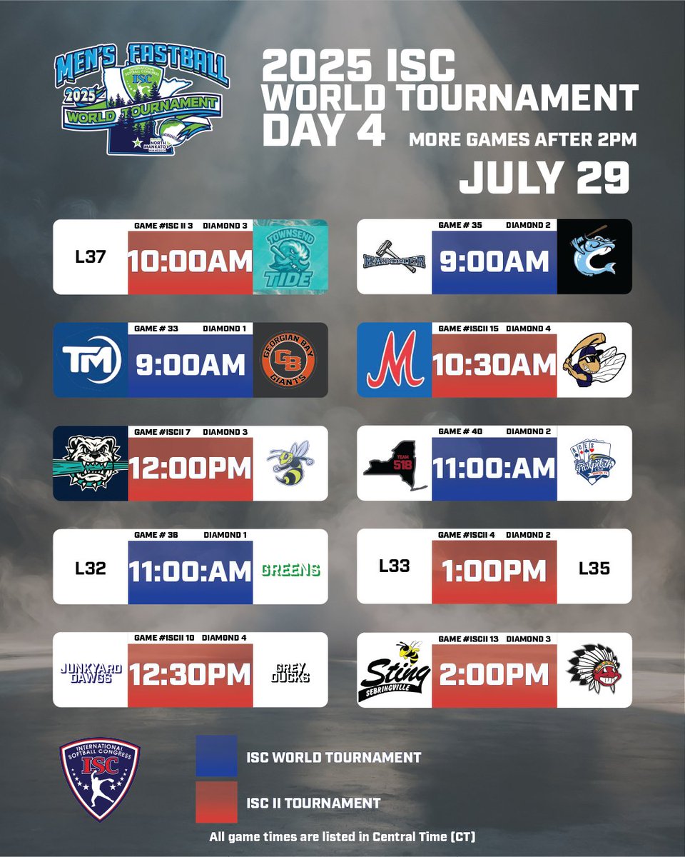 ISCFastpitch's tweet photo. Check out today's games! After 2PM (Central Time) we will play more games in the ISC World Tournament and ISC II tournament.
#ISC #SCHEDULE #ISCWT25 https://t.co/jcDF3SgdY5
