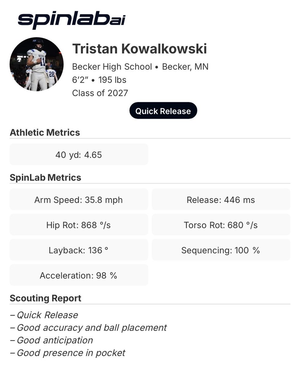 SpinLabAi (@spinlabai) on Twitter photo 2027 QB <a href="/QBTKowalkowski/">Tristan Kowalkowski</a> getting ready for a big year! High ceiling with great fundamentals and athleticism. 2027 QB <a href="/QBTKowalkowski/">Tristan Kowalkowski</a> getting ready for a big year! High ceiling with great fundamentals and athleticism.