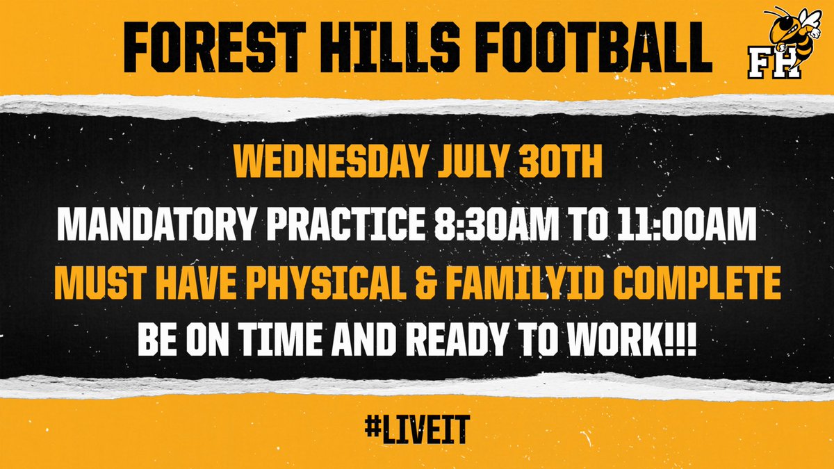 AND SO IT BEGINS!!! Players please make sure to hydrate, eat a healthy meal, and get a great night of rest. EVERYTHING MATTERS!!! <a href="/ForestHillsFBNC/">Forest Hills Football</a> <a href="/UCPSNCAthletics/">UCPS NC Athletics</a>