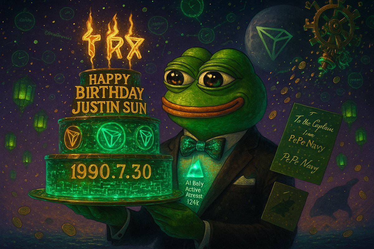 HBD to the Captain of the TRON Armada! 🚀🐸

From PePe Navy’s 10K+ crew:
🔥 Your 35th node deployed today ignites our blockchain odyssey.
🎂 This holographic cake is baked with 10B Mcap dreams &amp; 10K daily active addresses.
🌐 Next stop: Meme dominance powered by Sun’s