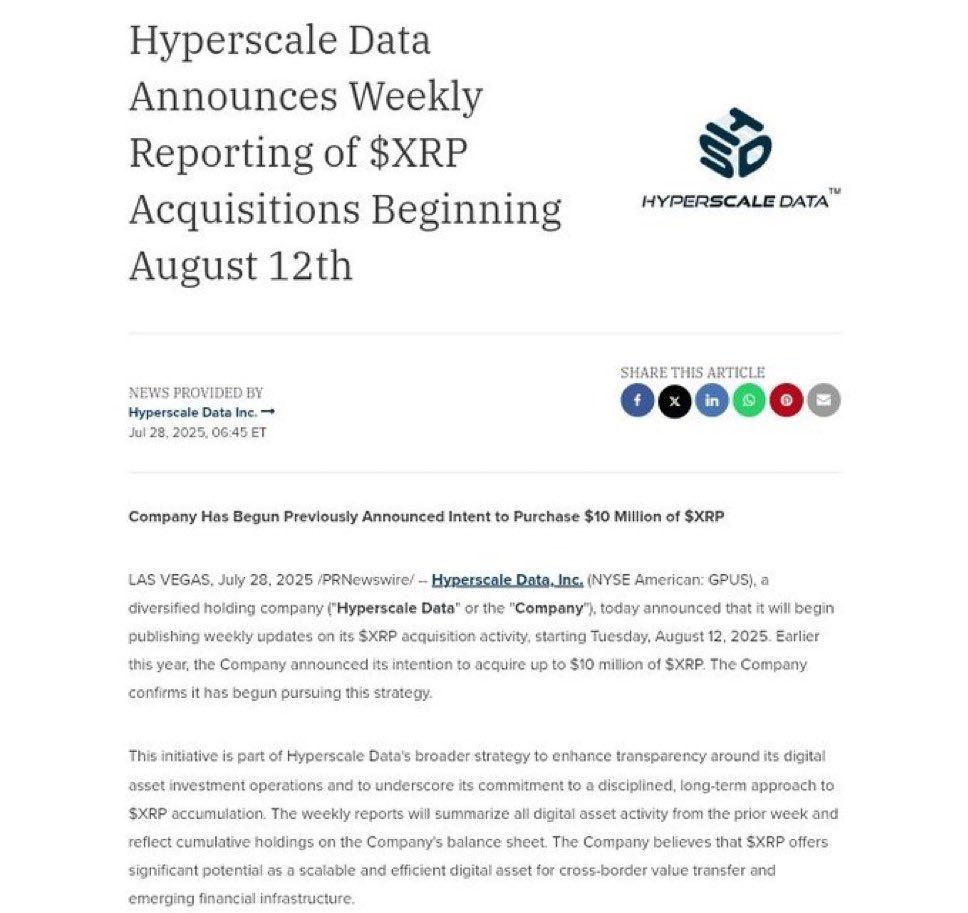 Hyperscale Data to begin weekly reporting of $10M $XRP acquisitions  starting August 12th