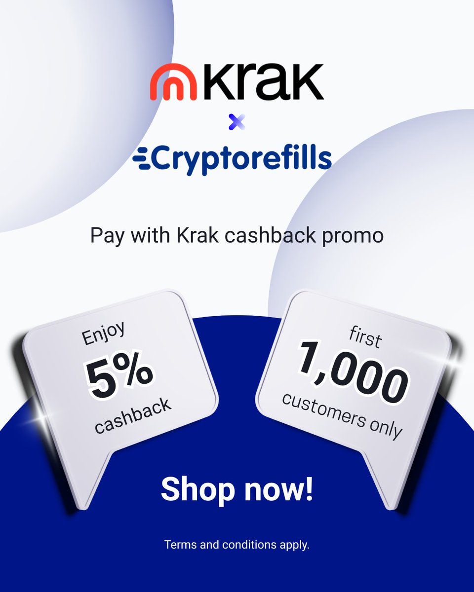 🎉<a href="/Krak/">Krak</a>, the new global money app launched by Kraken, is now supported on Cryptorefills!
🤑 Get 5% back (up to $5) when you pay with Krak.
Available for the first 1,000 users. Hurry! Promo runs until August 26, 2025.
Cashback will be credited on user's Krak account within 48