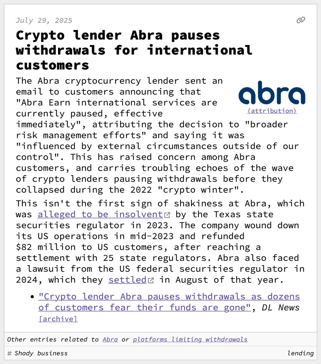 Crypto lender Abra pauses withdrawals for international customers July 29,  2025