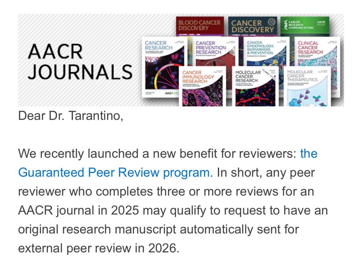 Great move by <a href="/AACR/">AACR</a>, providing a research manuscript automatically sent for external peer review for reviewers of at least 3 manuscripts on AACR journals. I hope more journals will consider this incentive. The current model of solely kindness-based peer review is unsustainable.