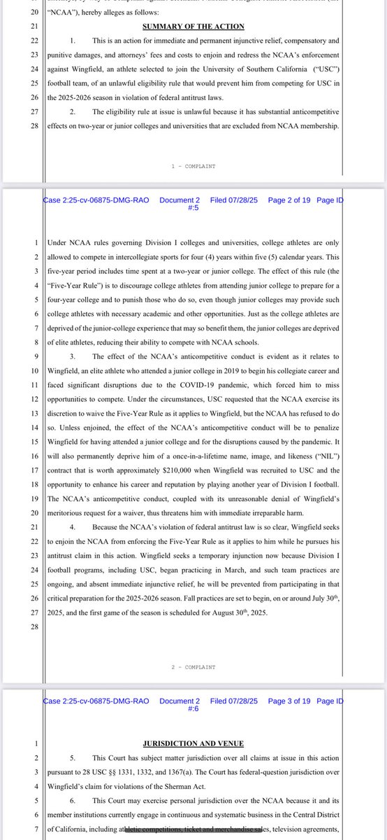 Another lawsuit filed challenging the NCAA’s 5 year eligibility window rule. 

These lawsuits likely won’t stop until the Supreme Court rules on the legality of NCAA eligibility rules or a federal law gives the NCAA an antitrust exemption.

Until then, time/$ is wasted.