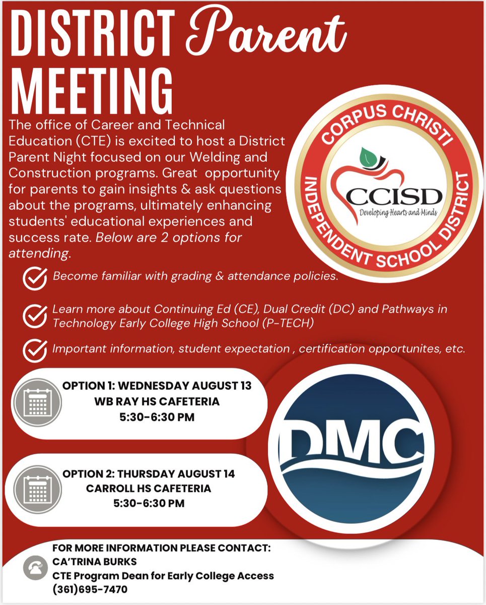Inviting parents and guardians to learn more about our CTE course offerings that we partner with Del Mar College! Another opportunity to learn updates and support students taking CTE college level courses!